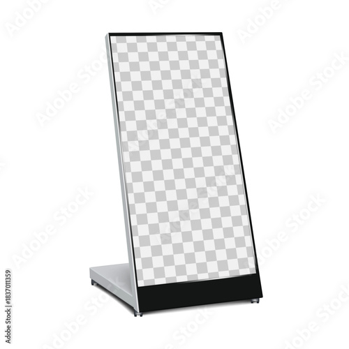 Slanted flat video panel on wheeled stand. Realistic 3d vector mockup. LED LCD screen TV monitor with transparent screen. Mock-up. Mobile portable digital display. Template for design