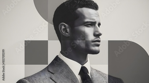 Man in a suit and tie is the main focus of the image. The man is wearing a tie and is standing in front of a white background. The image has a modern and sophisticated feel to it