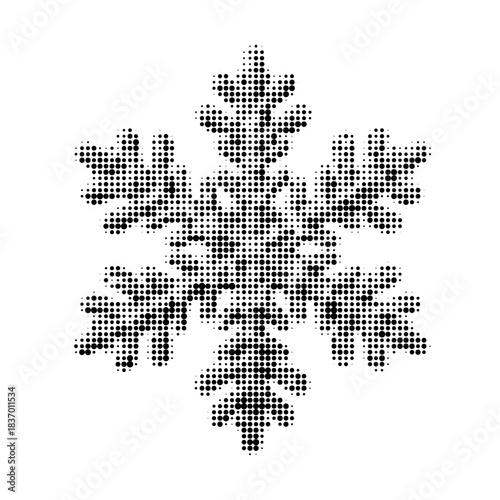Halftone snowflake icon with detailed symmetrical shape in black dots on white background. Minimalist winter symbol for holiday design, decoration, and seasonal graphic projects.