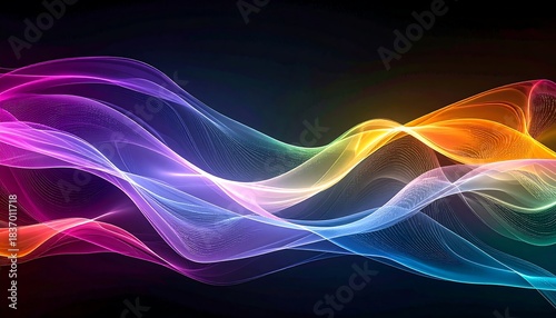 Abstract waves of vibrant colors flow across a dark background, creating a dynamic and energetic visual effect