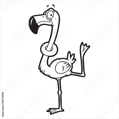 Funny cartoon flamingo wearing a life preserver around its neck and standing on one leg