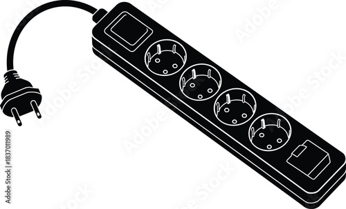 Black and white power strip illustration, electrical extension cord with sockets, plug and switch, household electricity accessory, safety device silhouette
