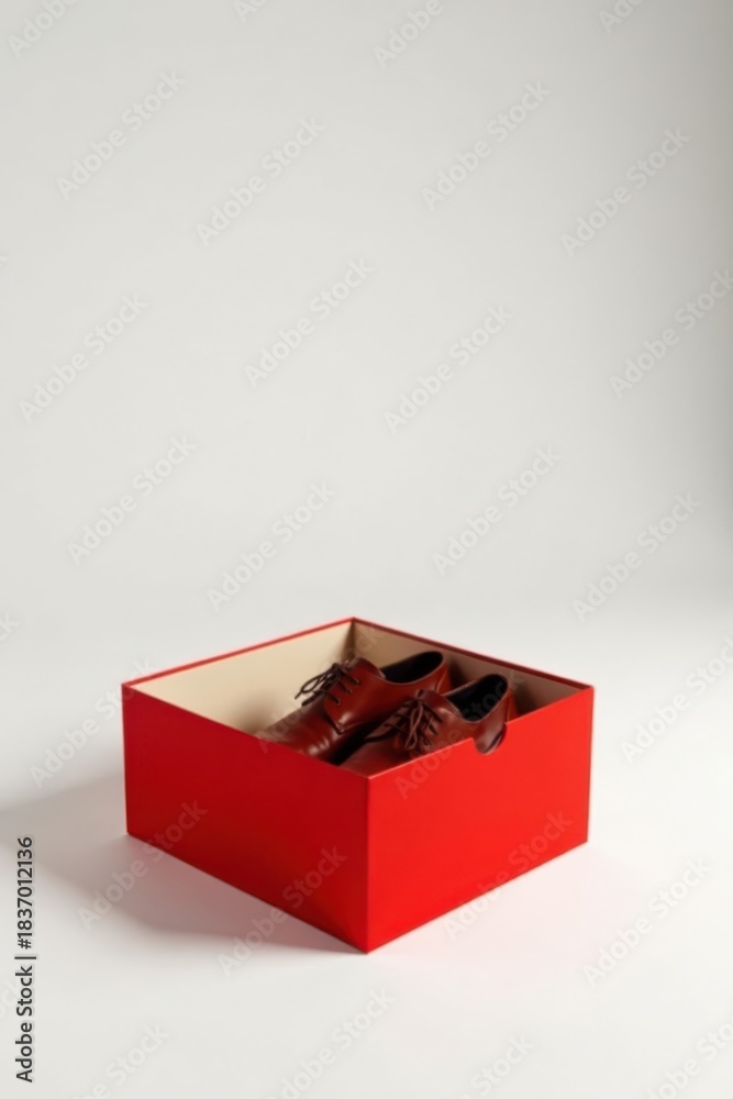 Fototapeta premium A pair of elegant brown leather shoes nestled inside a vibrant red box, ready for a special occasion or a new beginning.