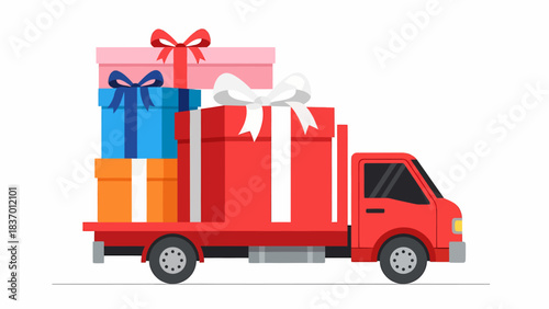 A red delivery truck is transporting a large stack of colorful gift boxes, indicating a special delivery or holiday season.