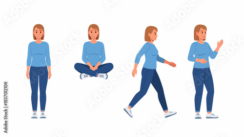 A cartoon woman in blue clothes shown in four different poses: standing, sitting, walking, and gesturing.
