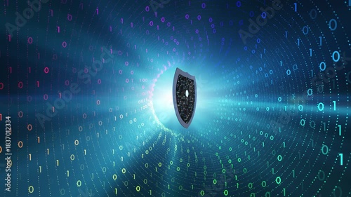 Glowing blue light binary code tunnel with 3d shield loop animation.