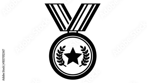 Black and white illustration of a medal with a star and laurel wreaths, symbolizing achievement or award.