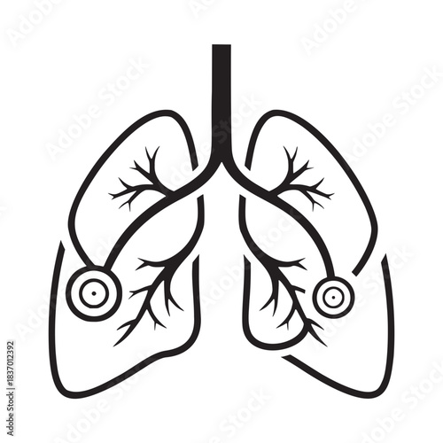 Minimalist line art showing human lungs with stethoscope icons perfect for medical presentation graphics