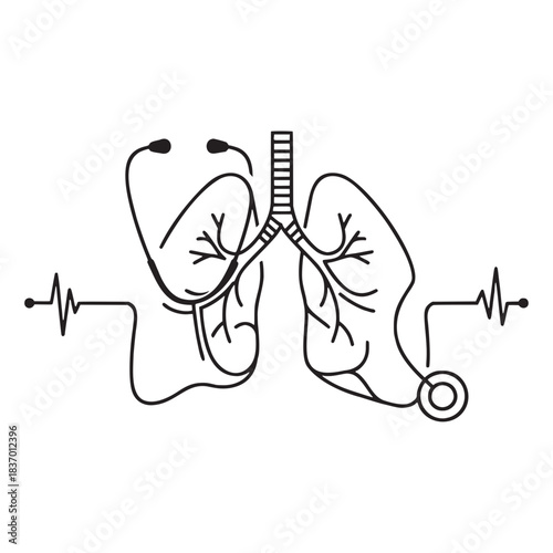 Stunning minimalist line art merges lungs stethoscope and heartbeat for vital respiratory health concept