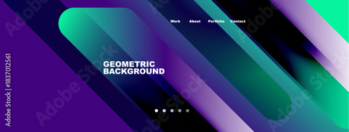 Abstract geometric background. Gradient colors create dynamic visual effect. Navigation menu present at top. Minimalist design.