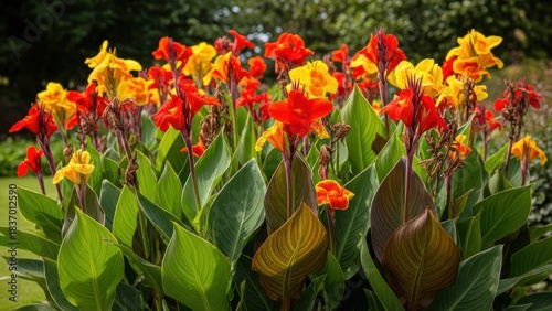 A vibrant flower garden with red and yellow canna lilies in full bloom.