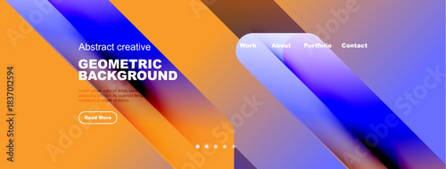 Modern website header design. Vibrant colors, geometric shapes, text overlays, navigation menu present. Clean, professional aesthetic.