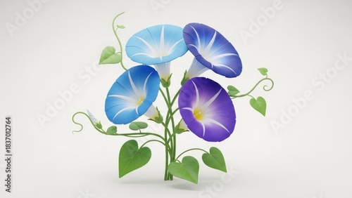 A vibrant blue and purple morning glory plant with green leaves and stems, set against a white background.