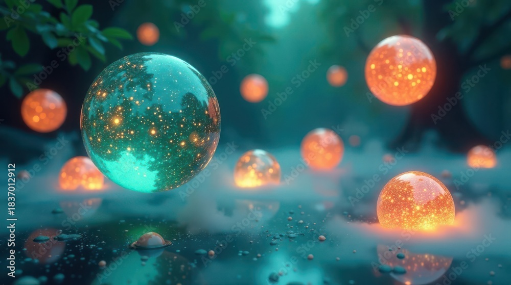 Fototapeta premium Enchanted Forest with Luminescent Orbs Floating on a Mystical Pond