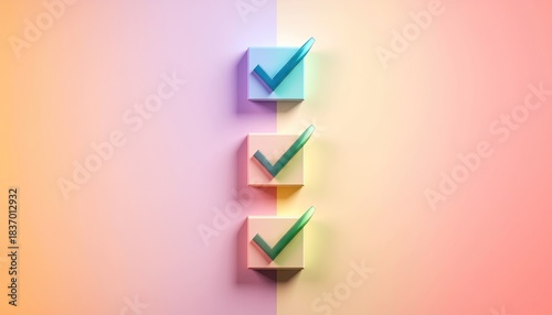 Three Pastel Boxes Each With a Green Check Mark on a Gradient Background with Soft Lighting