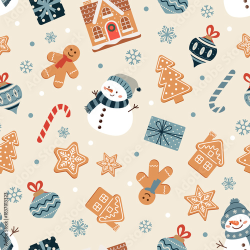 Christmas seamless pattern with snowman and gingerbread on light background. Design for textiles, wrapping paper, wallpaper. Vector illustration