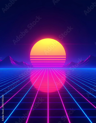 Retro 80s neon landscape with glowing grid, horizon sun, synthwave colors, futuristic minimalist style