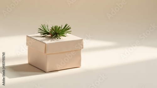 A delicately adorned pale gift box rests on a soft neutral surface, bathed in gentle sunlight, featuring a sprig of evergreen adding a touch of natural elegance.