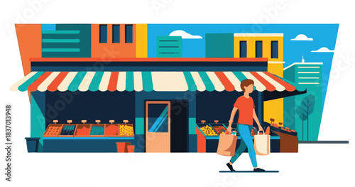 Vector illustration of a business woman and people silhouette shopping at a fashion shop window on a city street