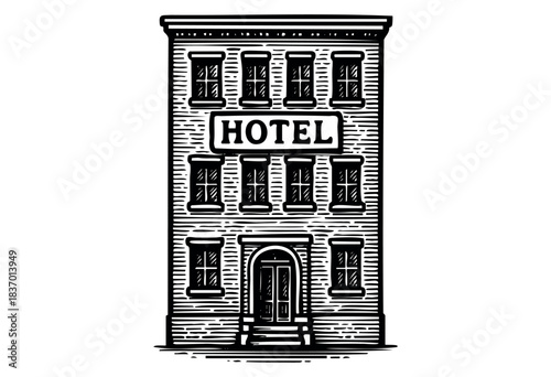 Vintage-style hotel building with a woodcut aesthetic and clear signage — stock illustration.
