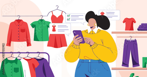 Smiling woman shopper holding bags of clothes in a fashion mall