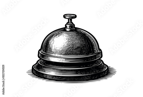 Monochrome vector illustration of a vintage service bell with fine engraving details on a white background — stock vector.