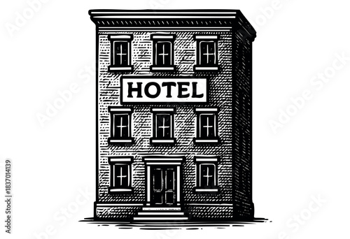 Hand-drawn illustration of a three-story hotel building with a sign above the entrance — stock illustration.