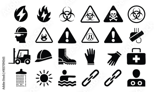 Industrial and Workplace Safety Icons Set, OSHA and General Safety Pictogram Collection, Hazard, Warning, and Protection Sign Icons, Health, Security, and Construction Safety Symbols, 