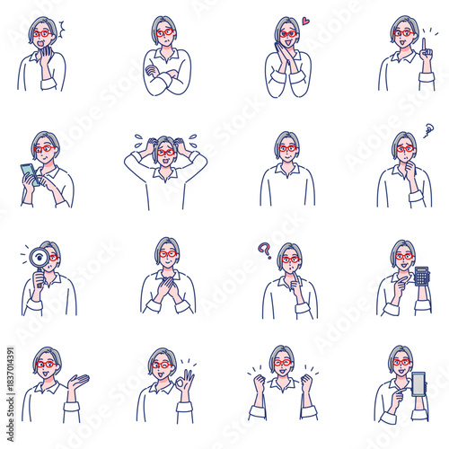 アニメタッチのシニア女性の表情セット