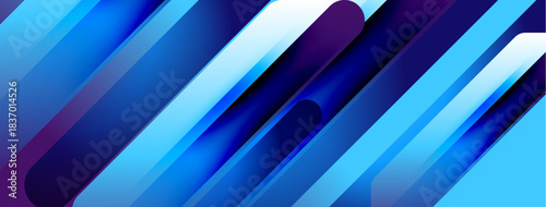 Abstract geometric shapes overlap, creating dynamic blue, purple gradients. Modern design evokes movement, depth, visual interest.