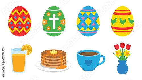 Easter Breakfast Vector Icons Decorated Eggs Pancakes Coffee Orange Juice and Tulips Perfect for Holiday Design