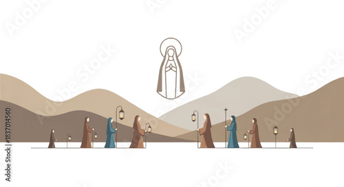 A group of figures holding lanterns in a desert landscape with a central figure of the Virgin Mary