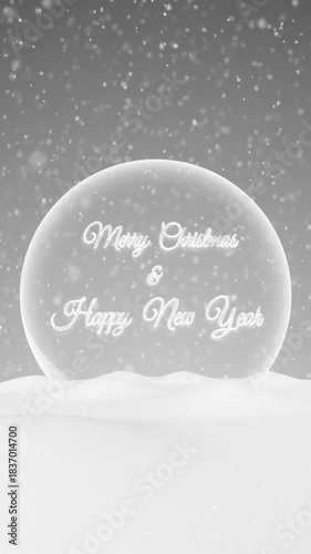 Winter snow landscape with glass snowball Merry Christmas and Happy New Year greetings vertical loop background.