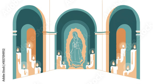 Illustration of a religious icon in an ornate setting with arched doorways and candles in warm orange and teal tones against a white background.