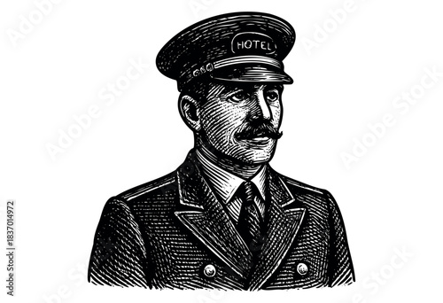 A vintage portrait of a uniformed conductor with a cap and a double-breasted suit in a retro engraved style — stock illustration.