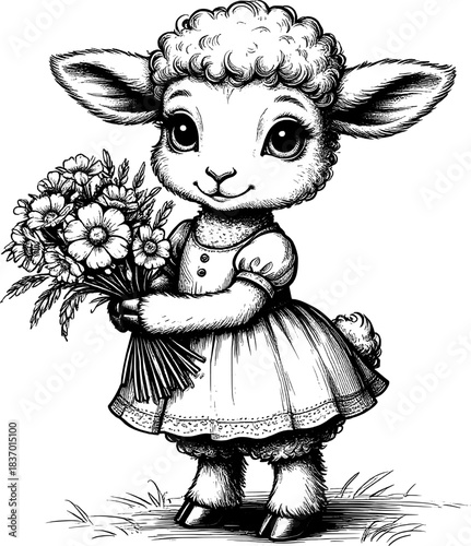 A funny sheep in a dress holds a bouquet of flowers and smiles with flowers, black and white sketch. Vector illustration. Cute pet isolated on white background67