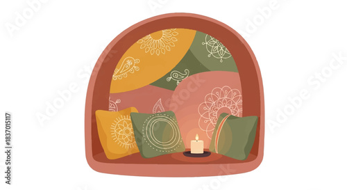 Cozy Nook with Decorative Mandala Pillows and Warm Candlelight, Inviting Tranquility in a Stylized Vector Illustration