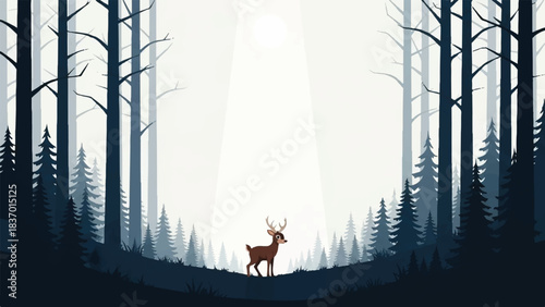 Digital illustration of a deer standing in a forest clearing surrounded by tall trees with a bright light shining through, creating a serene and peaceful atmosphere with dark and light blue