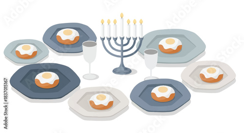 Illustration of a Hanukkah table setting with sufganiyot on plates and a menorah with lit candles on a white background.