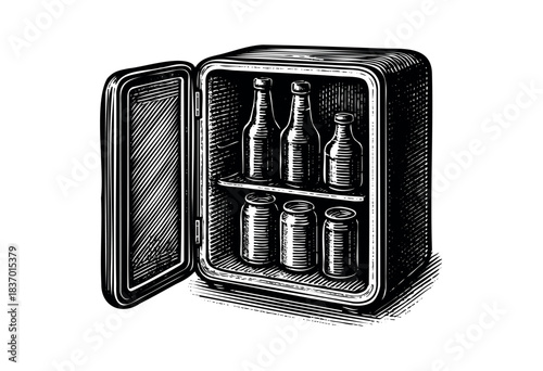 A vintage-style mini fridge with an open door, filled with bottles and cans, rendered in a classic woodcut aesthetic — stock illustration.