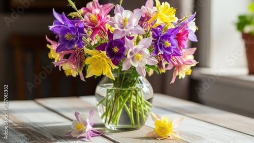 Wallpaper Mural A vibrant bouquet of colorful aquilegia flowers in a clear glass vase on a rustic wooden table. Torontodigital.ca