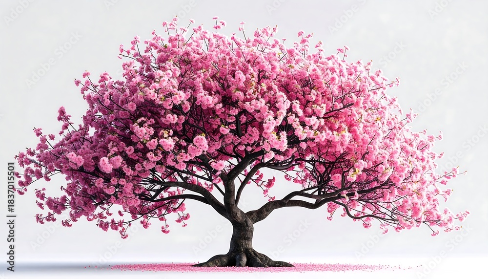 Obraz premium A vibrant cherry blossom tree, bursting with pink blooms, stands against a soft, muted background