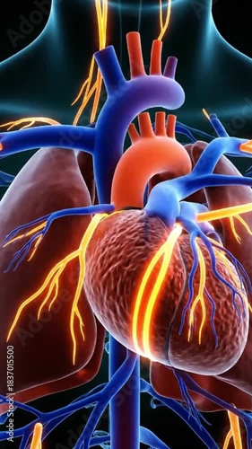 Detailed 3D Visualization of Human Heart Anatomy with Blood Vessels and Nerves in Medical Graphic Illustration