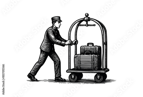Woodcut style illustration of a bellhop pushing a luggage cart with suitcases — stock illustration.