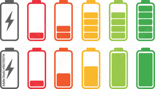 Collection of battery icons showing different charge levels and colors