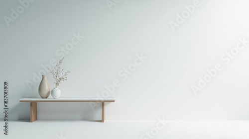 Simple Minimalist Home Decor Featuring Wooden Bench and Ceramic Vases with Dried Flowers