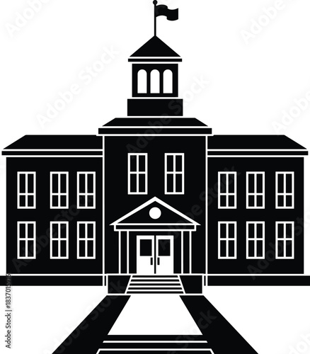 Educational building silhouette vector, school university architecture with flag, classic institutional design, black and white illustration, editable, minimal design.