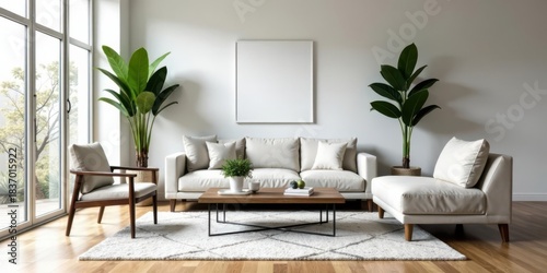 Serene Living Room Interior Design with Modern Furniture and Lush Greenery