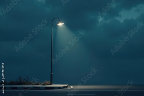 Single illuminated lamppost on a roadside at night, casting a beam of light against a dark and moody sky