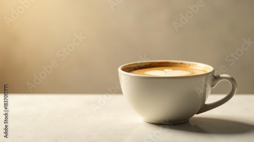 Aromatic Coffee Drink in a White Cup with Heart Design on a Light Surface